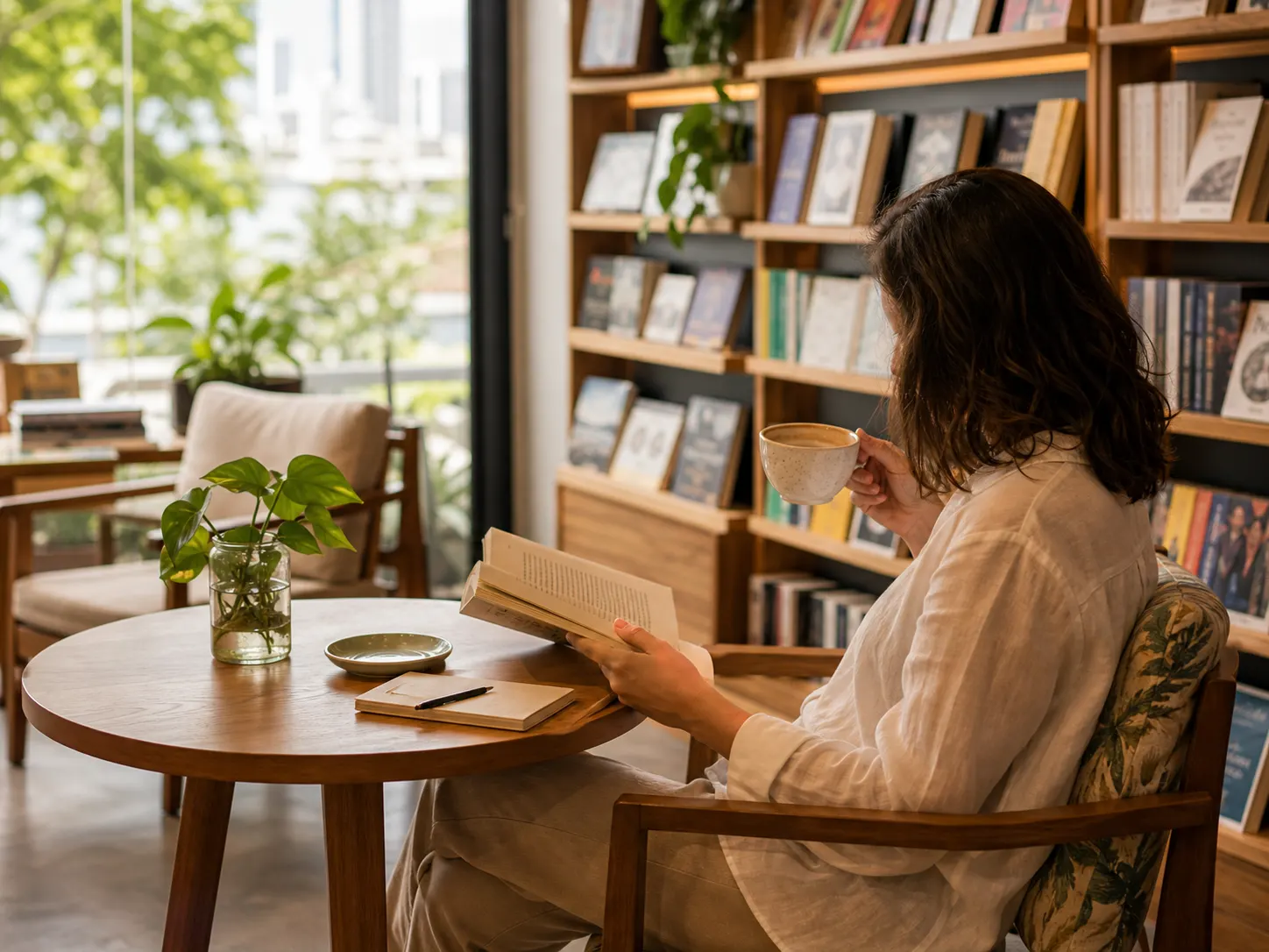 Persona leyendo y tomando café en la cafetería de una librería
