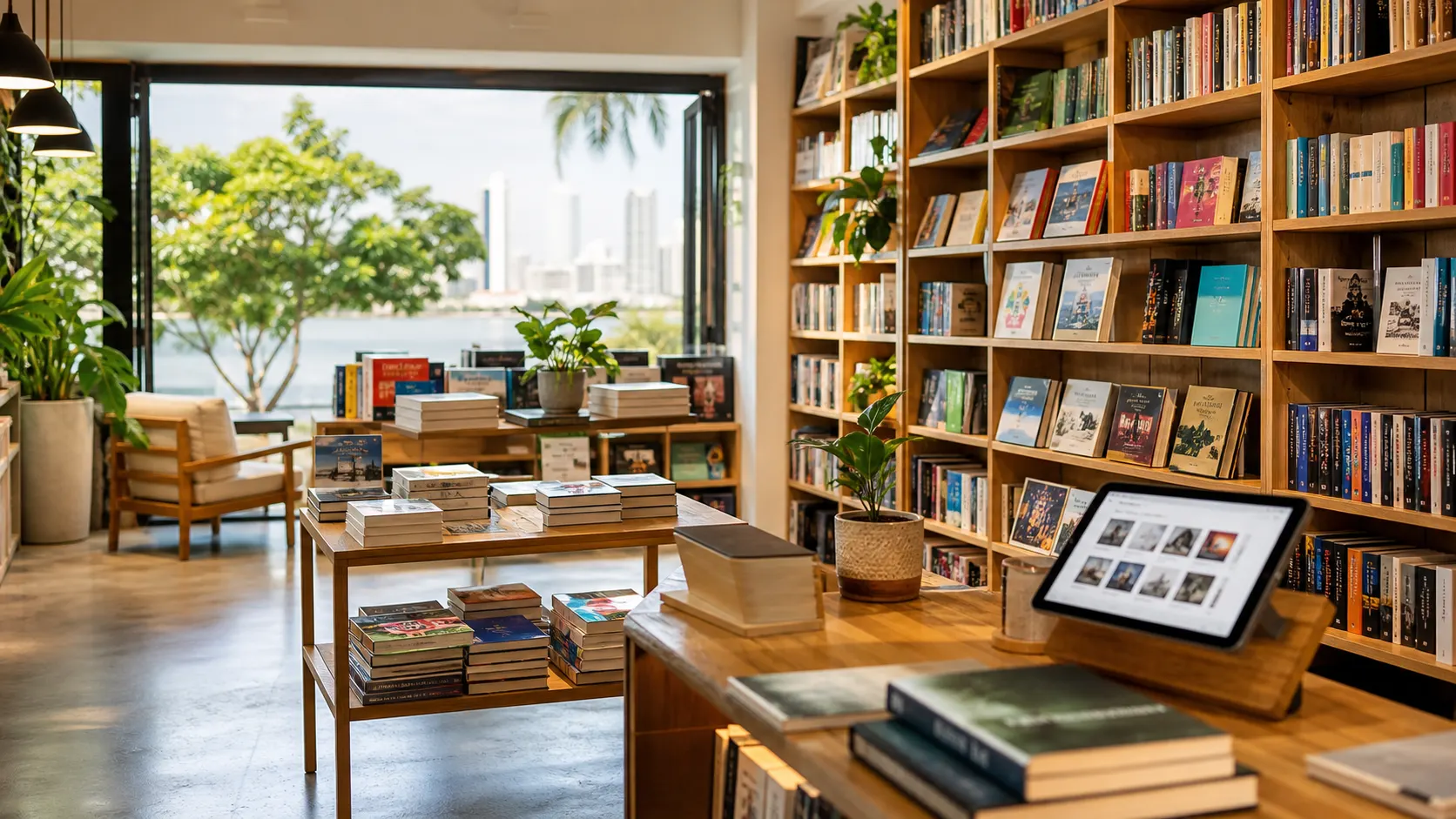 Interior moderno de una librería con estantes llenos de libros